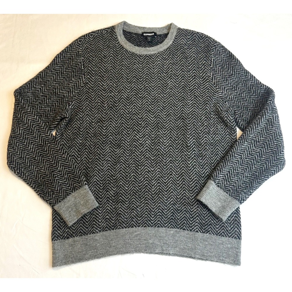 Express Wool Blend Crewneck Sweater Men's L Herringbone Pattern Prep Academia